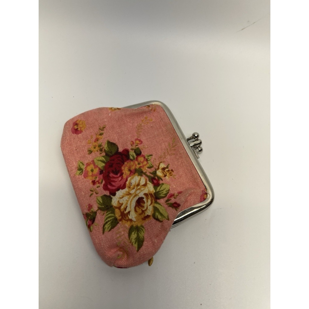 VTG Floral Kiss Lock Coin Purse Pink Fabric Change Pouch Cottagecore Retro - Picture 2 of 5